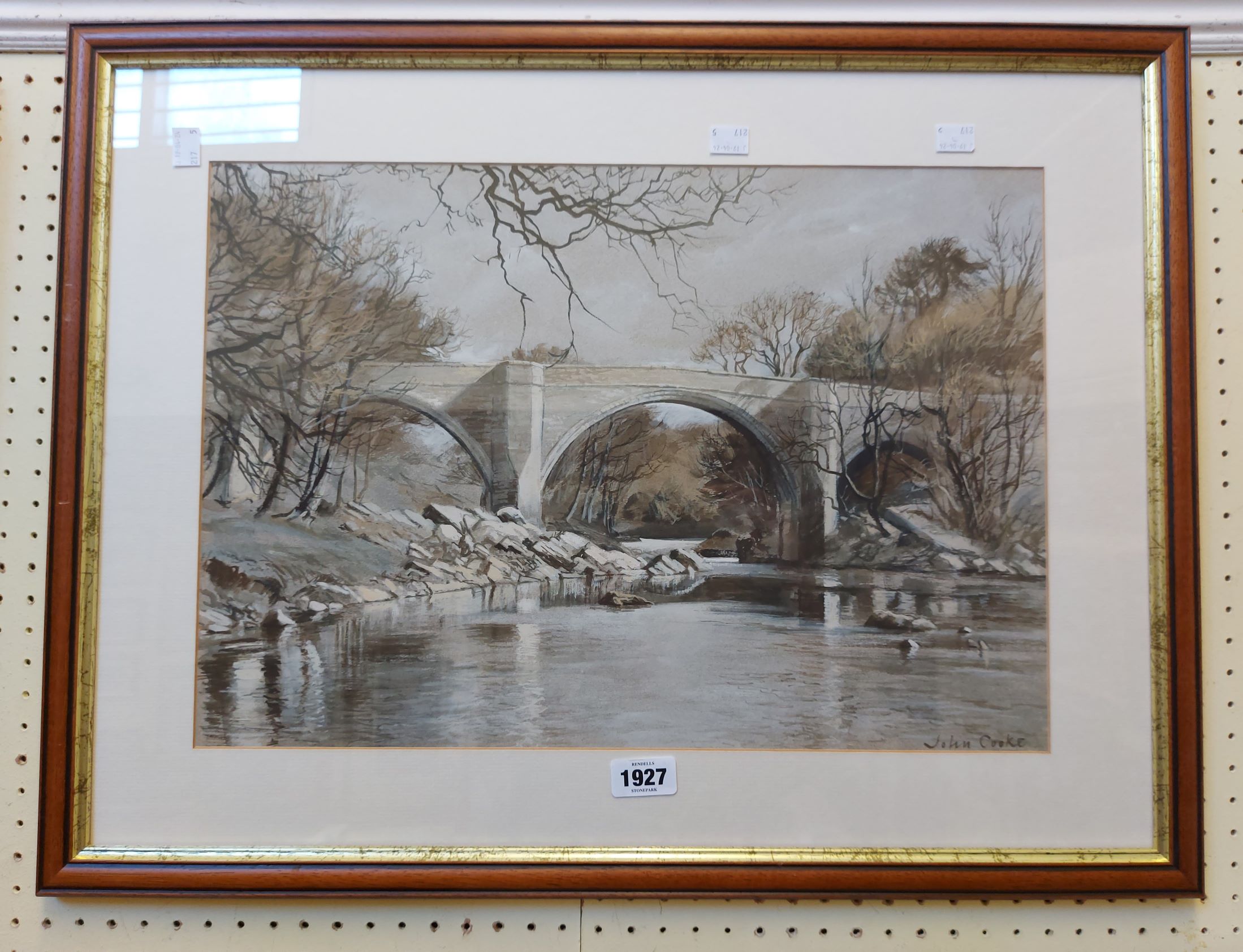 John Cooke: a framed watercolour, depicting a bridge - signed