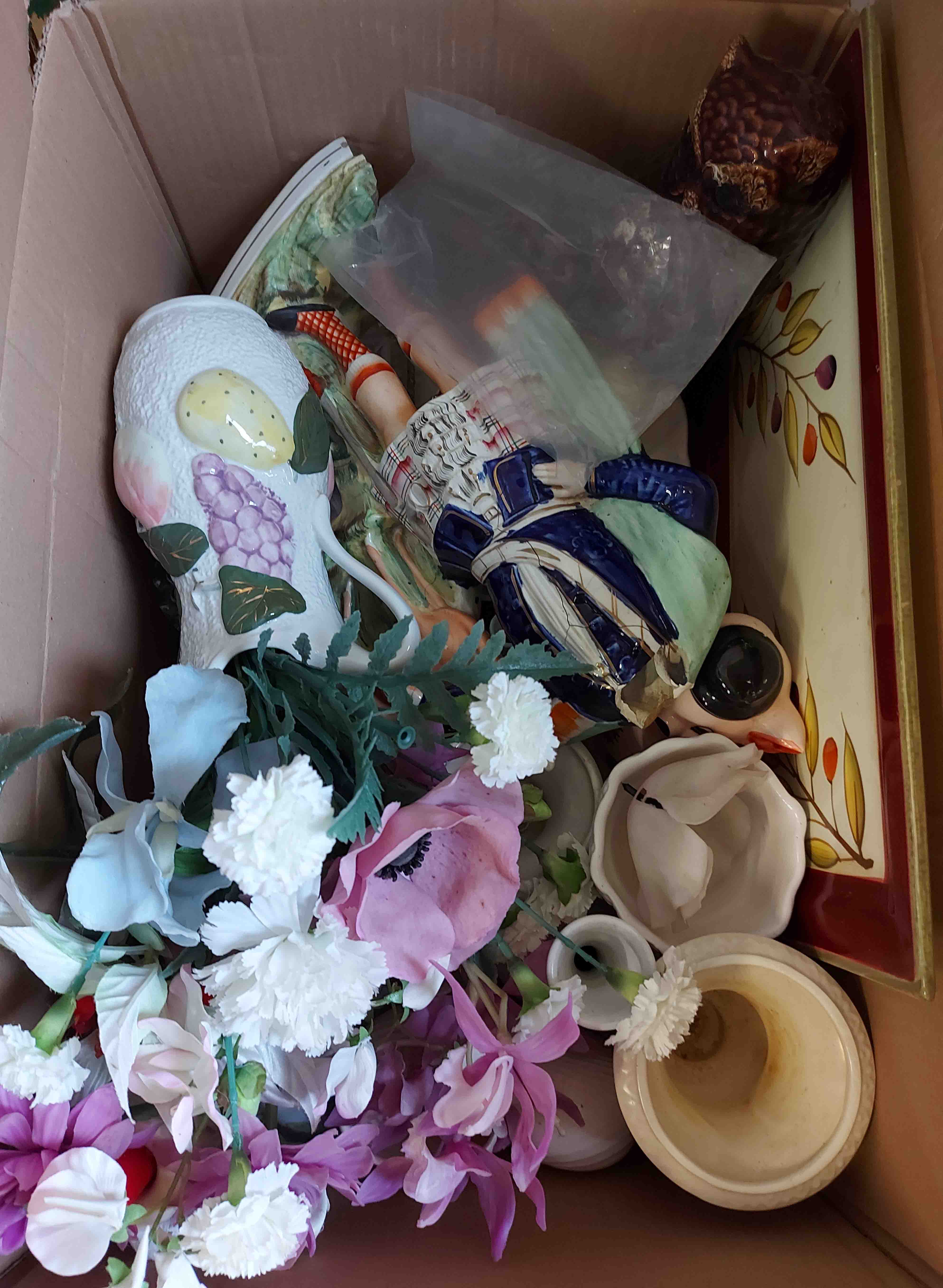 A box containing a quantity of ceramics and glass including Staffordshire figure (a/f), etc.