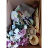 A box containing a quantity of ceramics and glass including Staffordshire figure (a/f), etc.