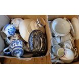 Two boxes containing a quantity of ceramics including Willow pattern tableware, bone china
