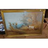 A gilt framed large oil on canvas, depicting hunting dogs