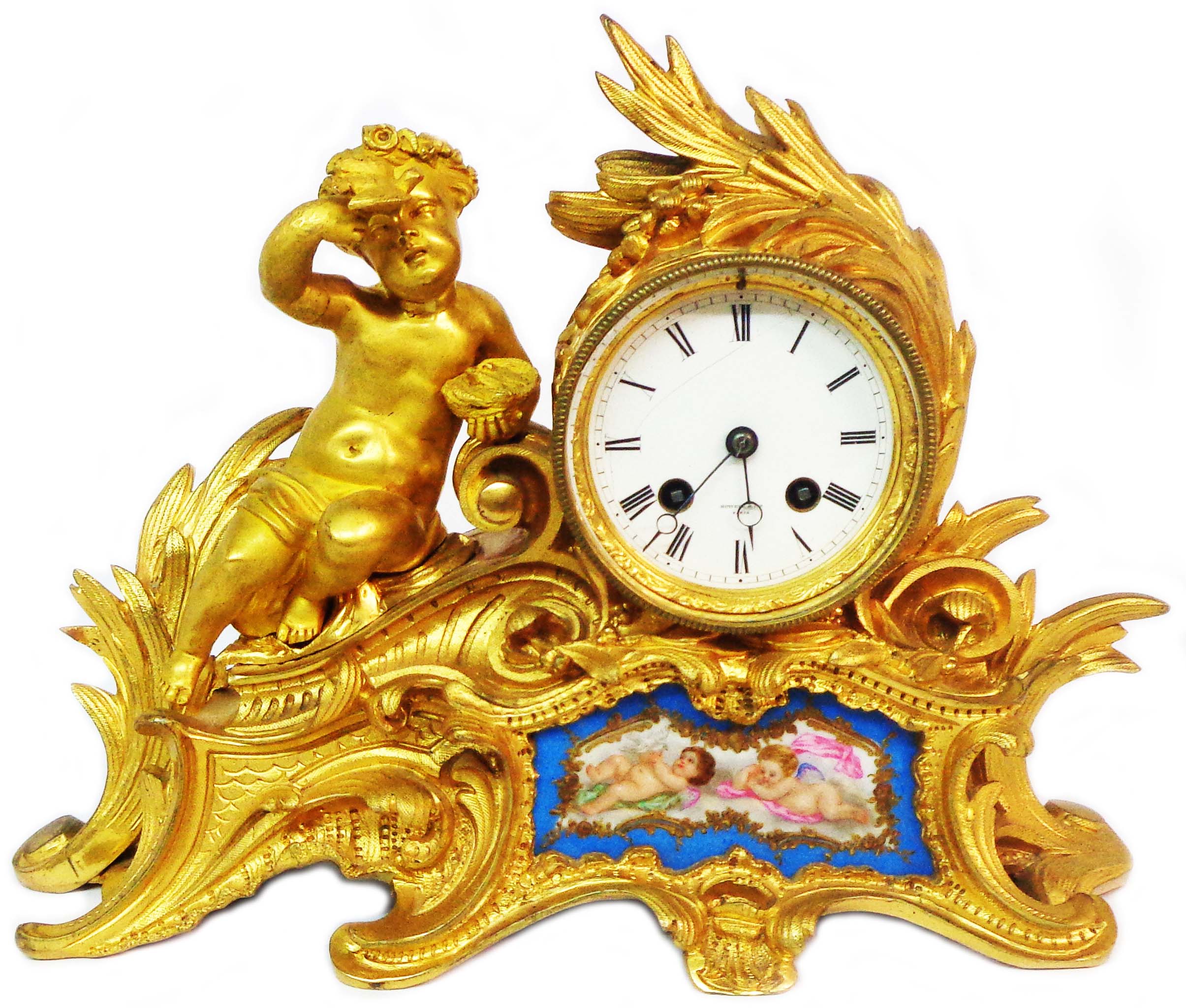 A 19th Century French ormolu salon clock with figure of a putto holding a bird seated beside the