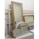 A modern gilt framed narrow oblong wall mirror - sold with a white painted framed circular mirror