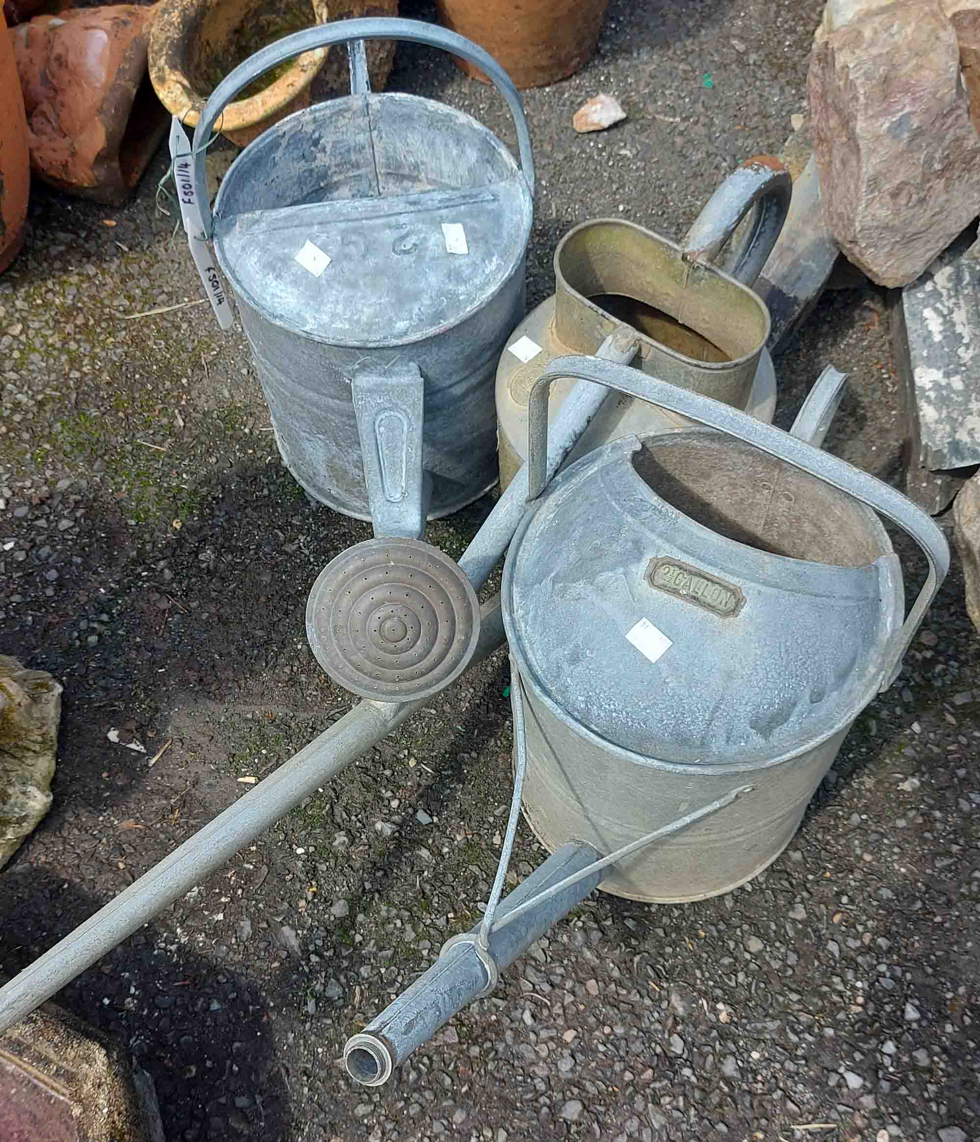 Three metal watering cans