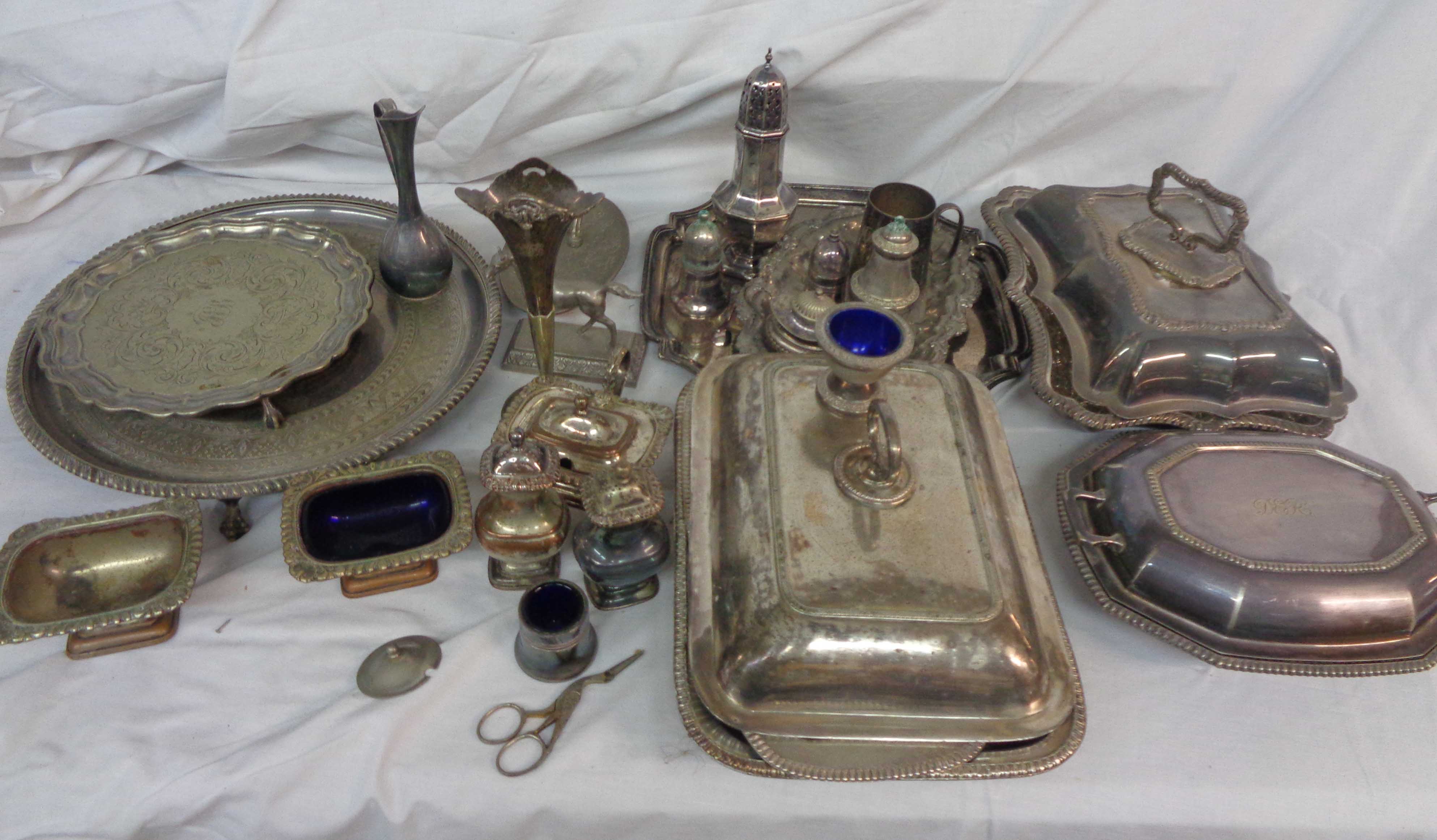 A box containing a quantity of silver plated items including trays, entree dishes and sugar