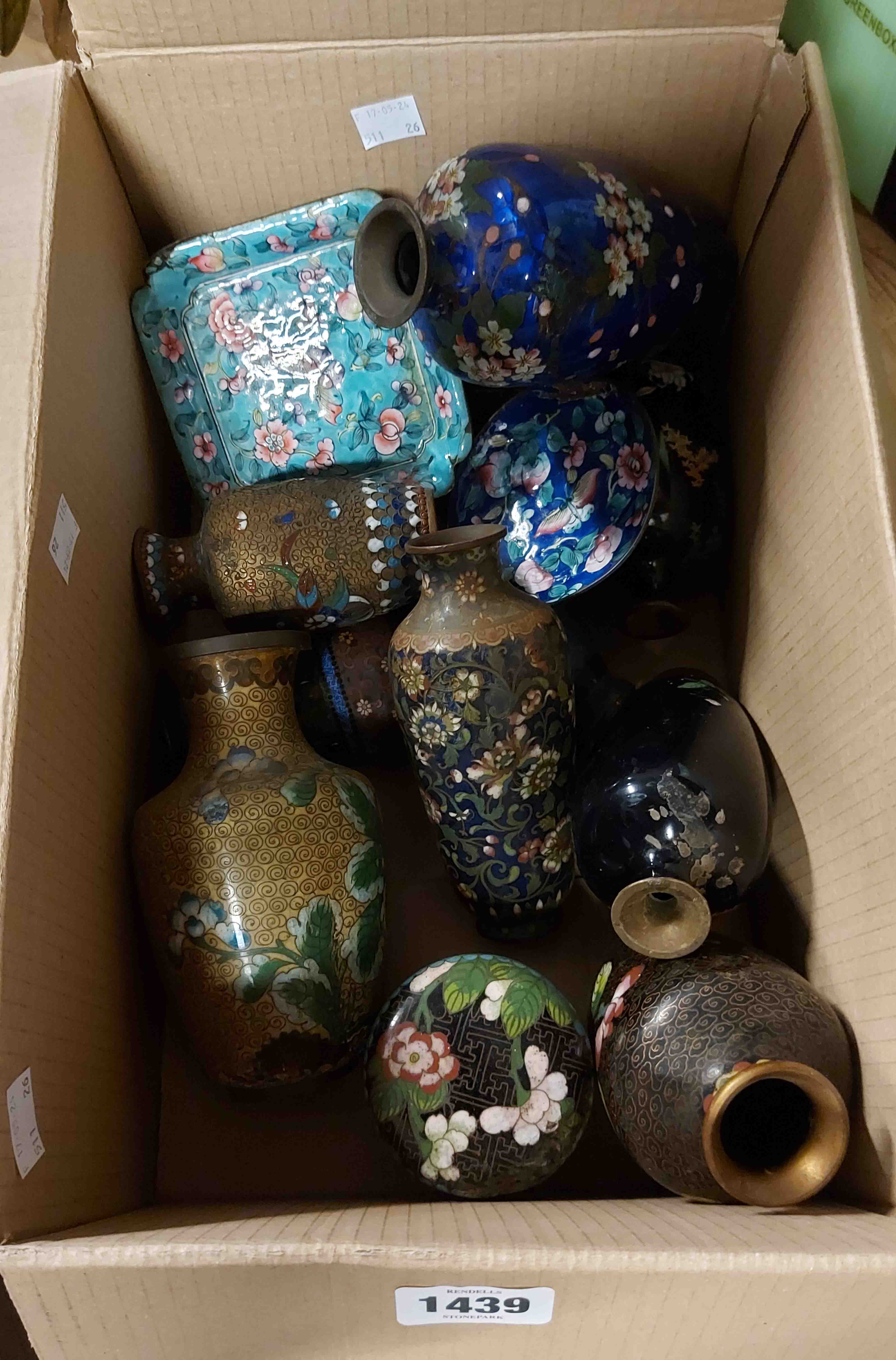 A box containing a quantity of cloisonné vases and dishes - a/f