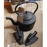 An old cast iron kettle - sold with two flat irons