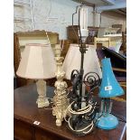 A blue anglepoise lamp - sold with a decorative metal lamp, a pair of onyx lamps and one other