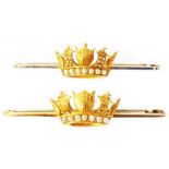 A pair of marked 15ct. yellow metal naval crown bar brooches, both set with a row od seed pearls