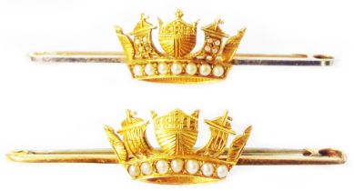 A pair of marked 15ct. yellow metal naval crown bar brooches, both set with a row od seed pearls