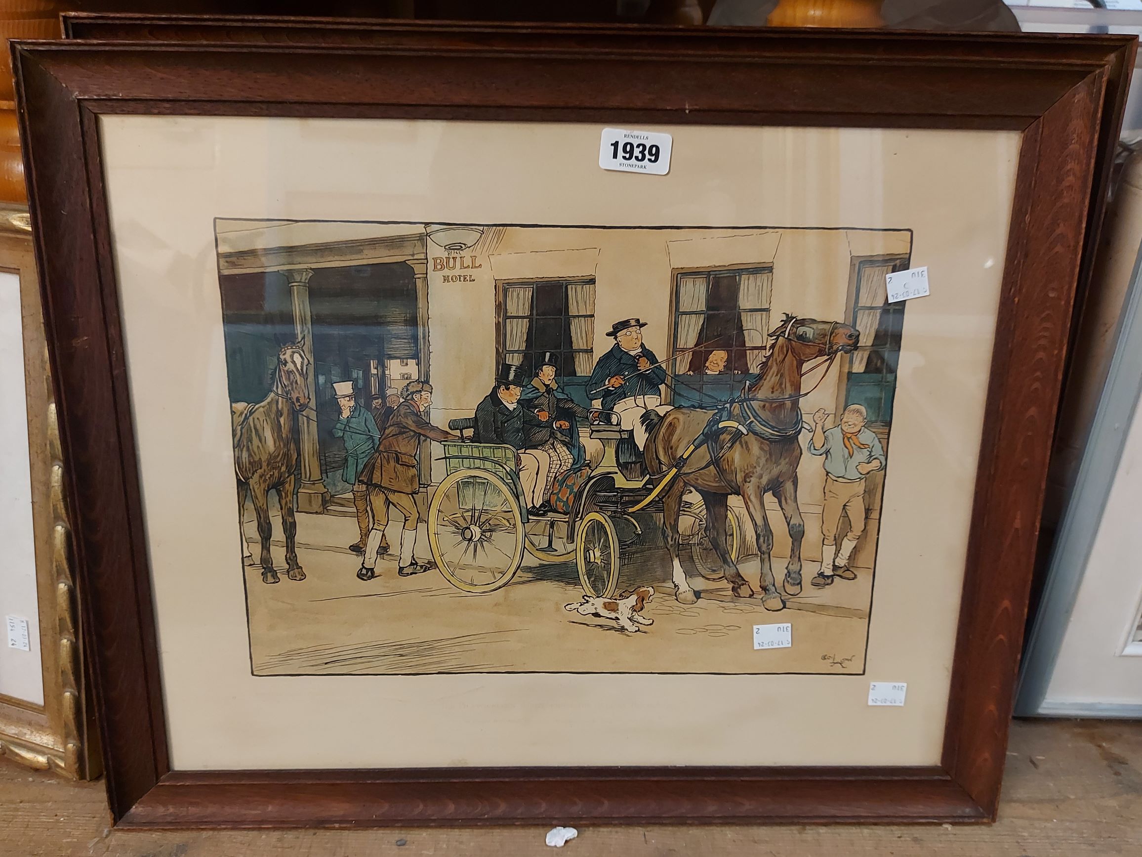 Cecil Aldin: a pair of oak framed coloured prints, one depicting a coaching scene, the other a scene