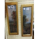 A pair of gilt framed 19th Century small format narrow oils on board, one depicting a view near