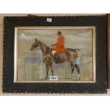 EM: a framed early 20th Century watercolour study of a huntsman mounted on a bay hunter - signed and