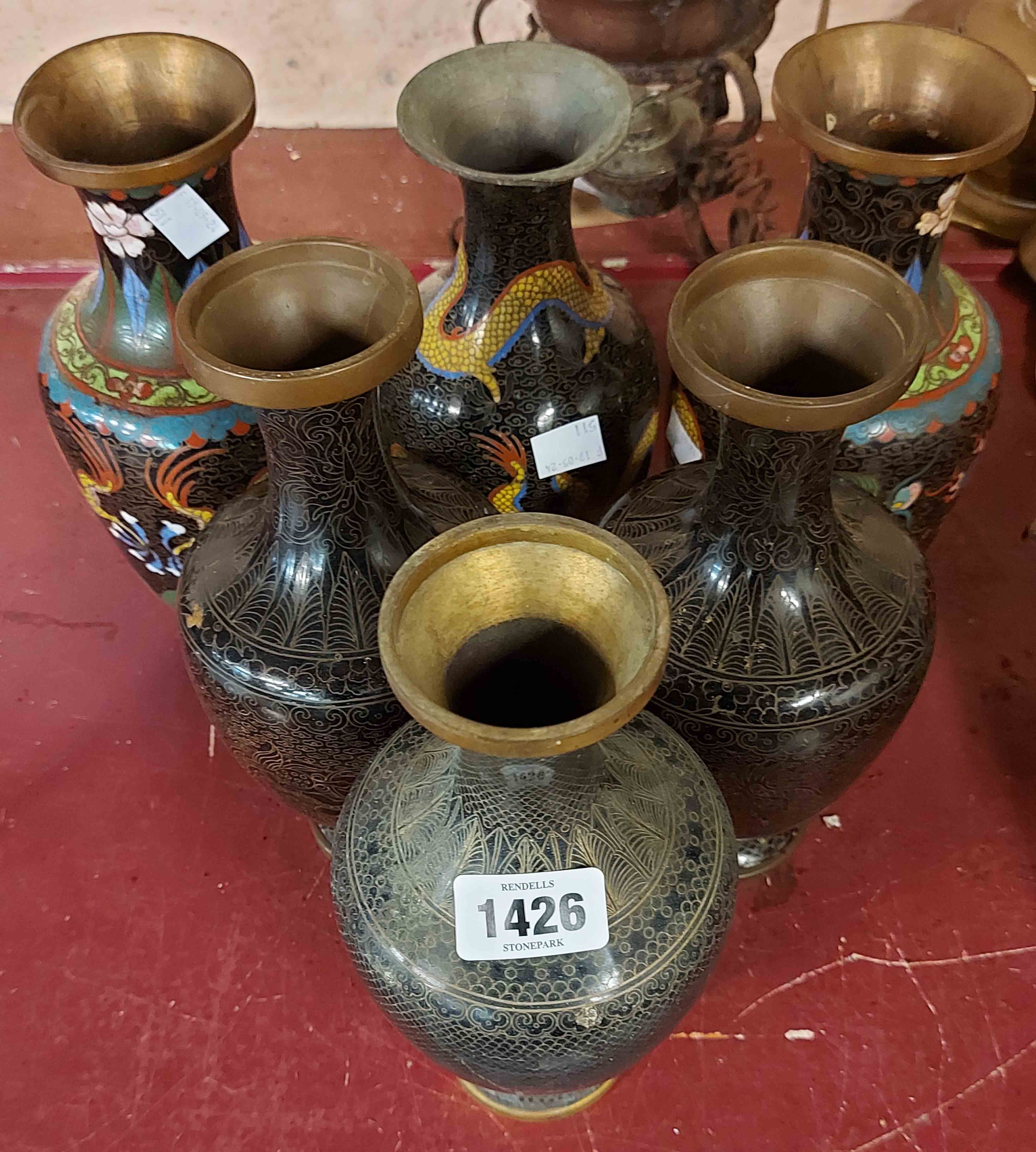 Five old cloisonné vases of various design including Chinese style decoration, etc. - a/f