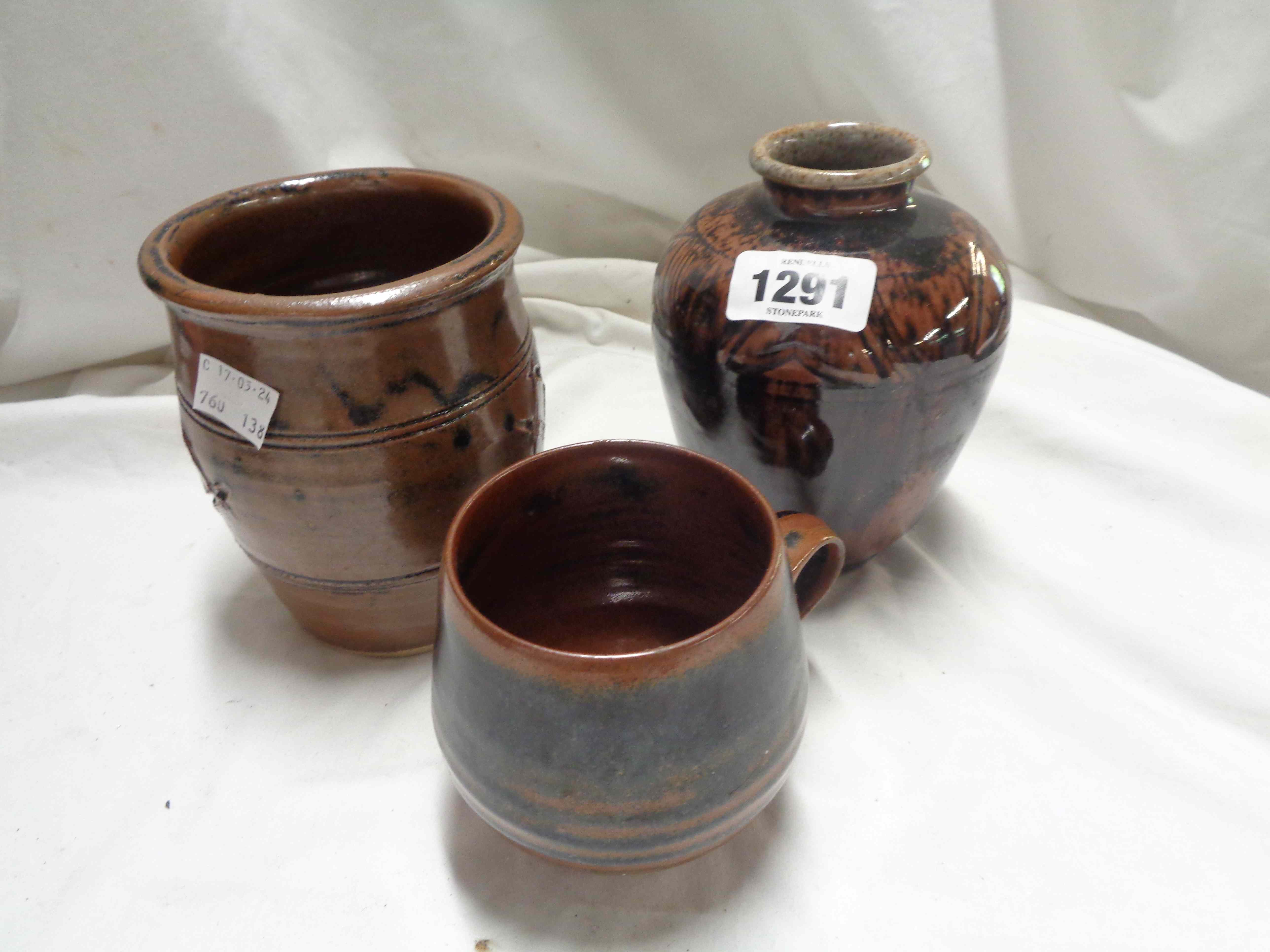 A Jeremy Leach Studio Pottery vase - sold with another Studio Pottery vase and a similar mug