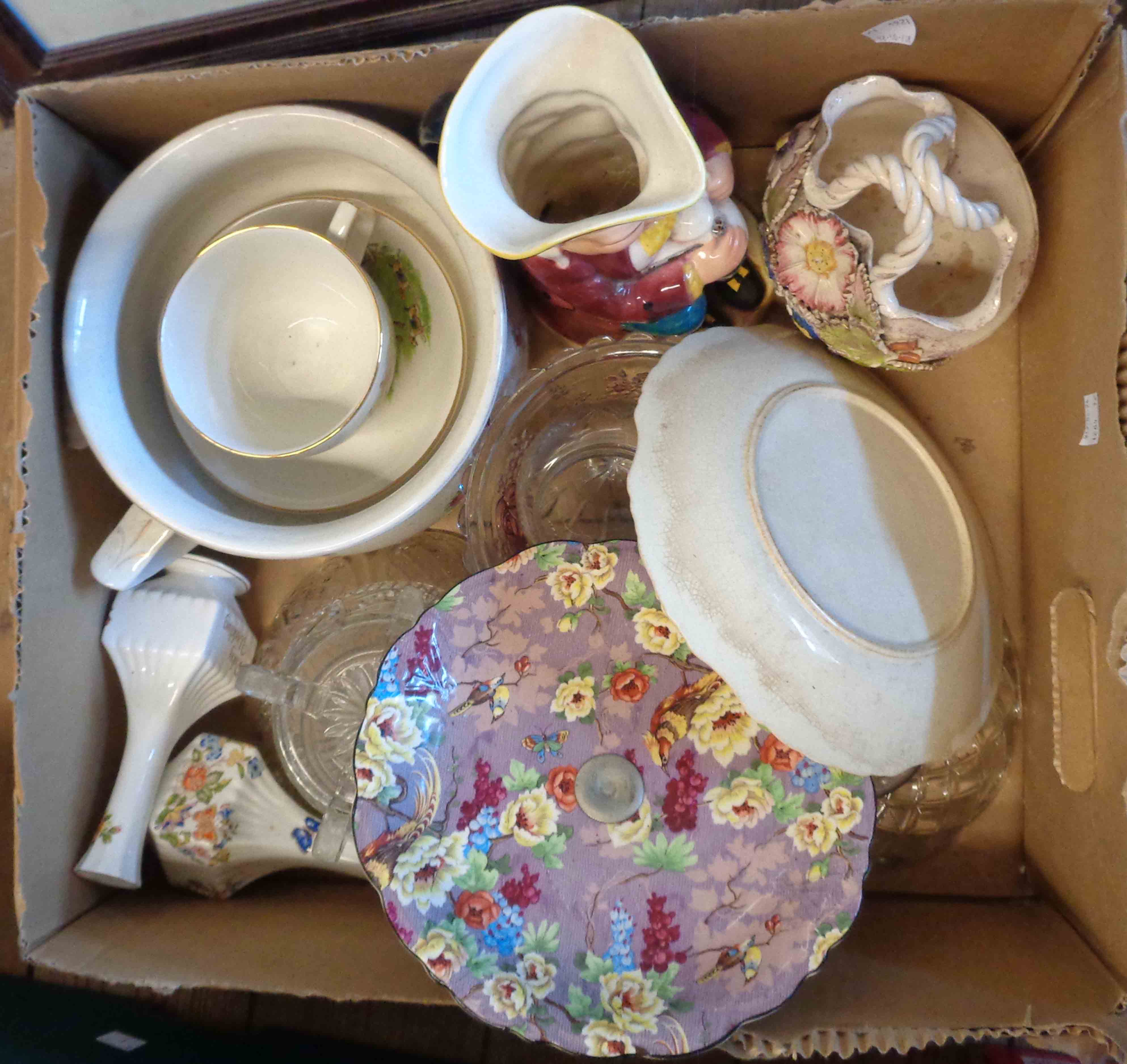 A box containing a quantity of ceramics including Crown Ducal Chintz decorated cake plate, musical