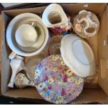 A box containing a quantity of ceramics including Crown Ducal Chintz decorated cake plate, musical