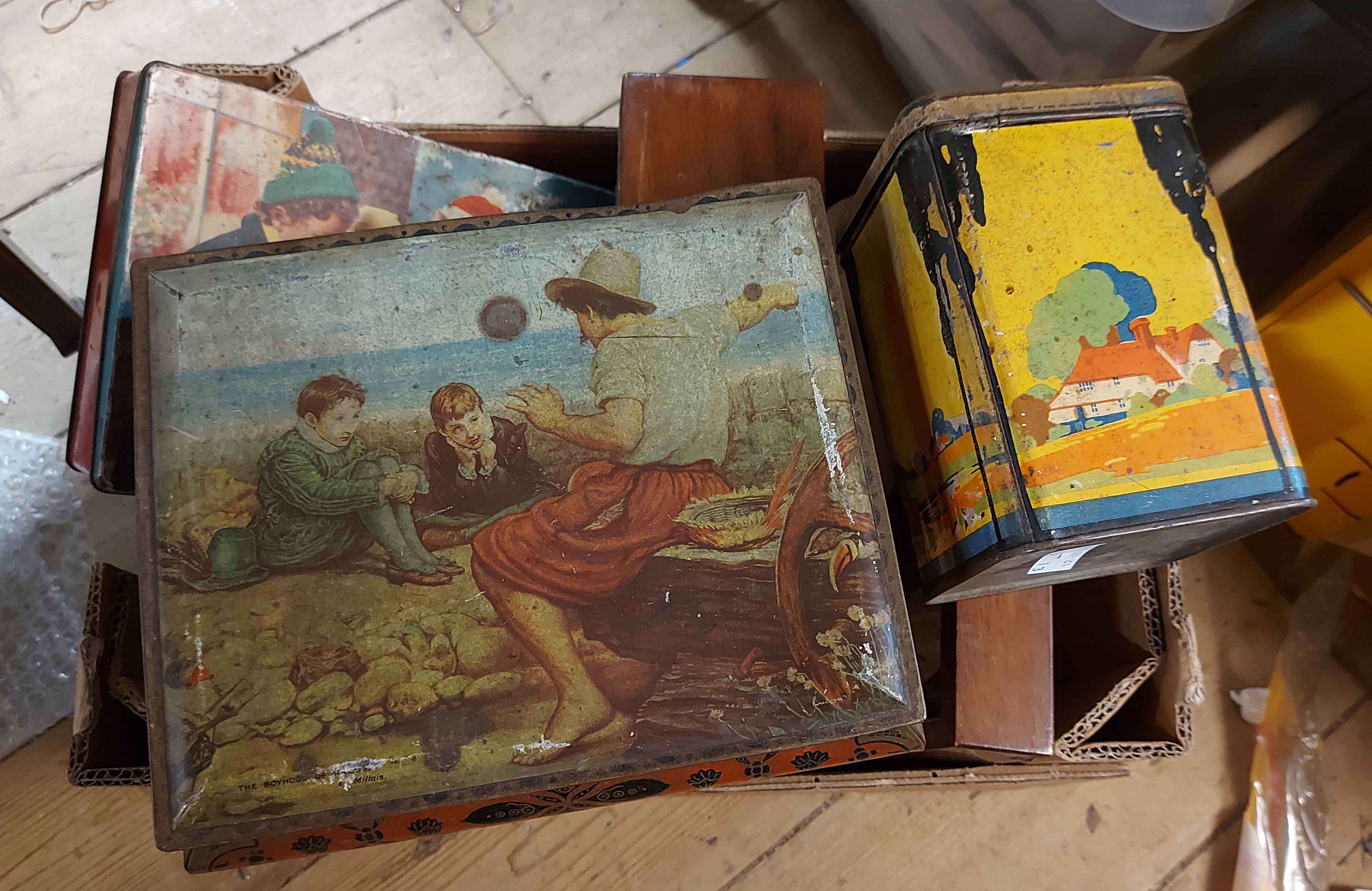 A quantity of vintage tins - sold with a writing slope for restoration