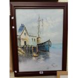 Benjamin: a stained wood framed oil on canvas, depicting moored vessels - signed
