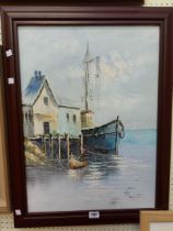 Benjamin: a stained wood framed oil on canvas, depicting moored vessels - signed