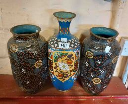 Three decorative Eastern cloisonné vases - a/f