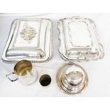 A box containing two silver plated entree dishes, muffin dish, tankard, etc.