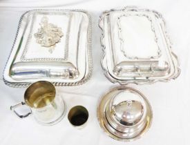 A box containing two silver plated entree dishes, muffin dish, tankard, etc.