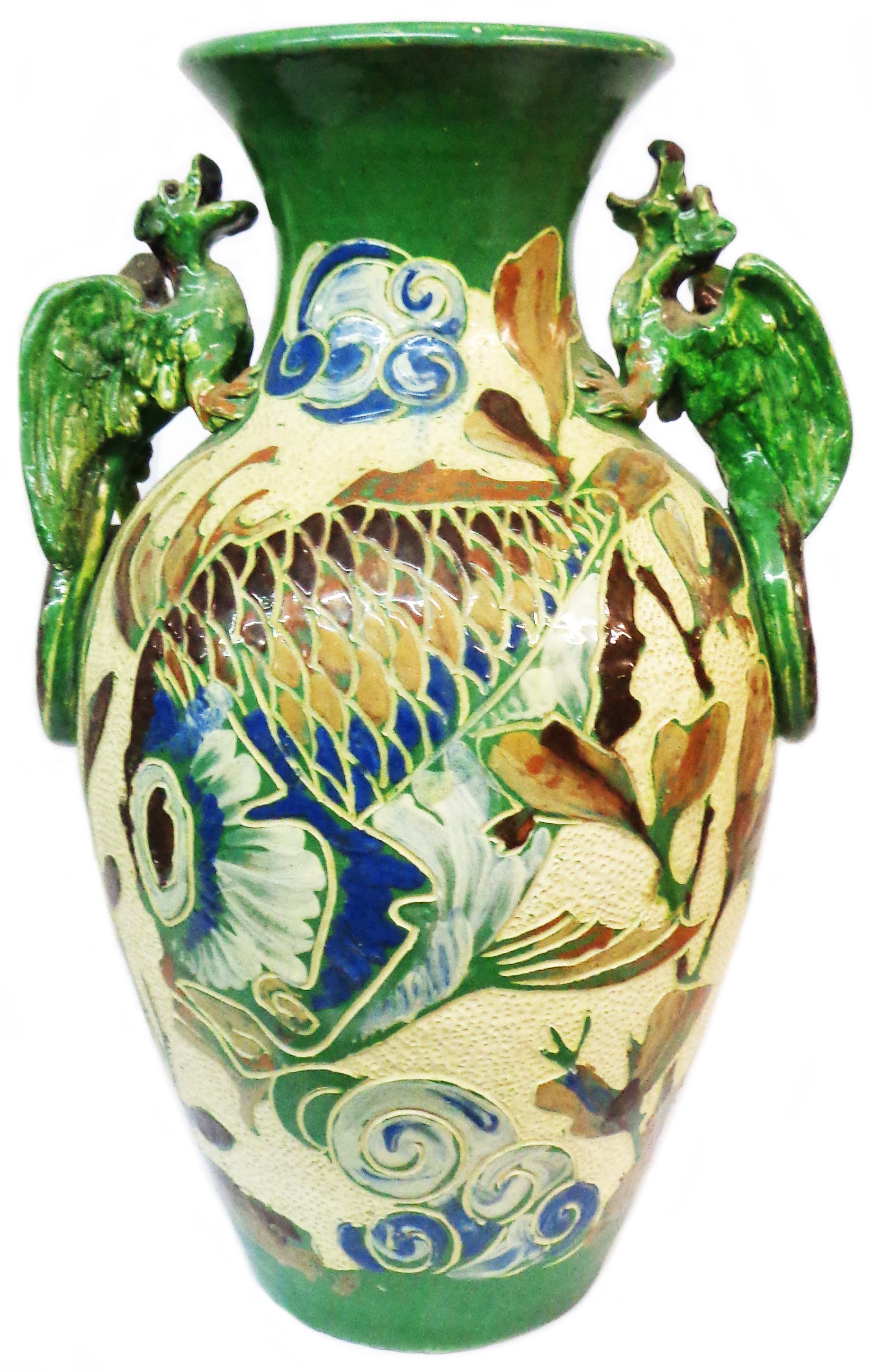 A large Art Nouveau Baron Barnstaple Art Pottery vase of baluster form with dragon handles and
