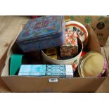 A box containing a quantity of vintage tins including Cadbury's Chocolate Biscuits, etc.