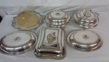 A box containing a quantity of silver plated items including entree dishes, etc.