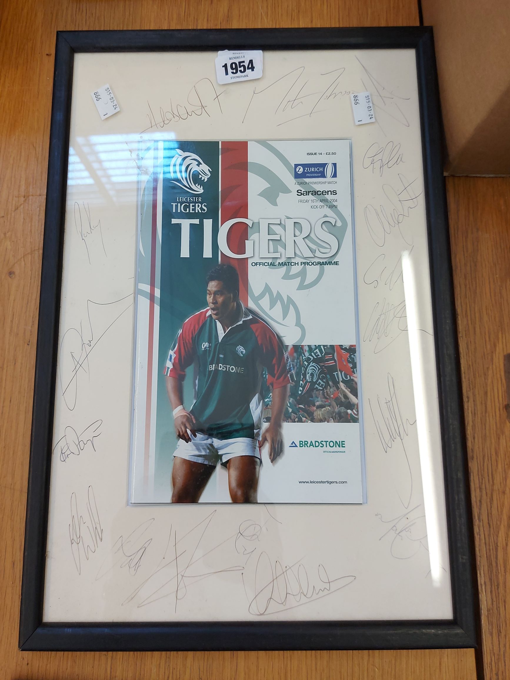 Leicester Tigers rugby club: a framed presentation match programme for April 16th, 2004 - with