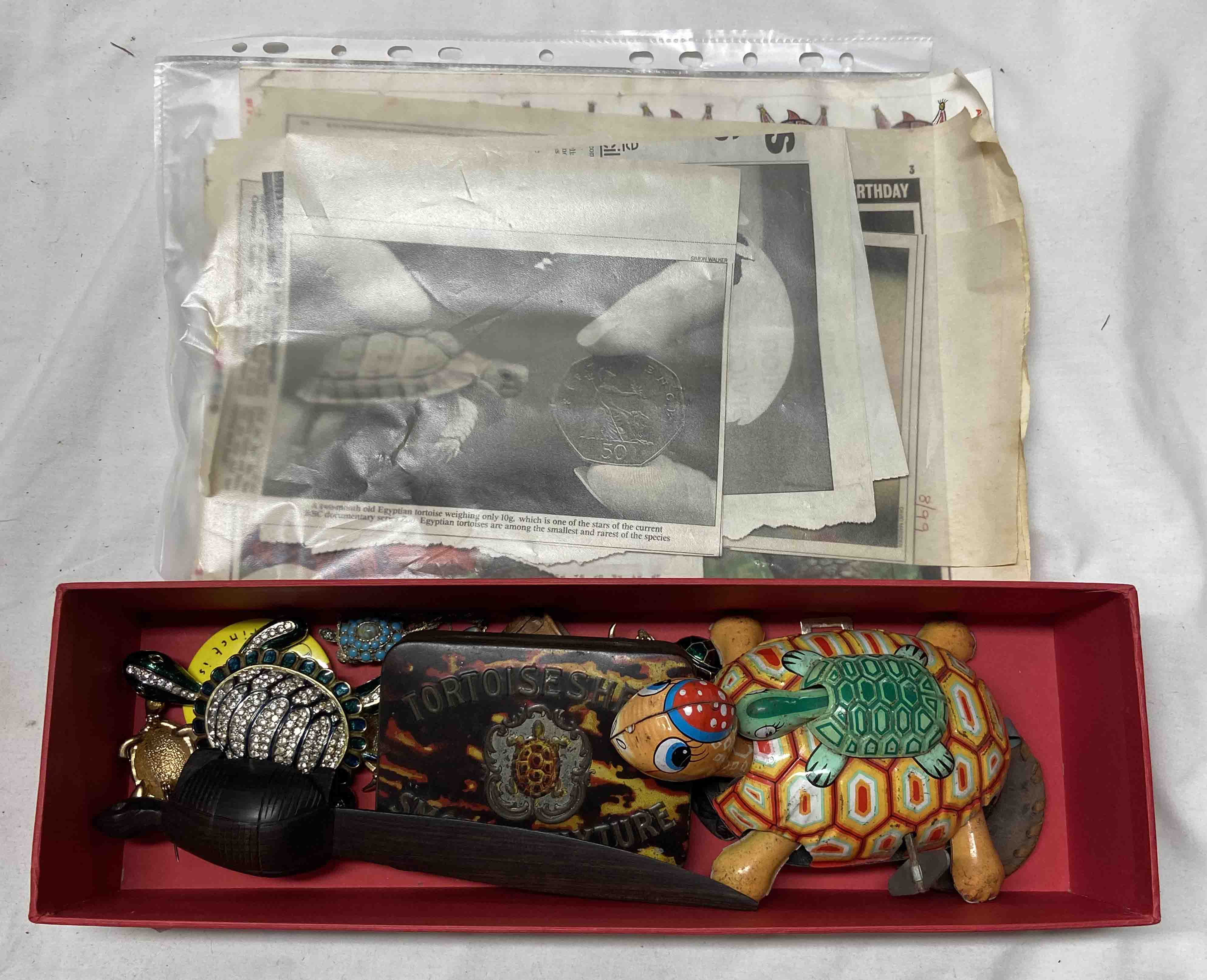 A box containing a quantity of tortoise related items including enamelled brooches, vintage wind-