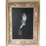 N. Wright: an antiqued painted framed oil on board entitled 'Meditation' - signed and with details