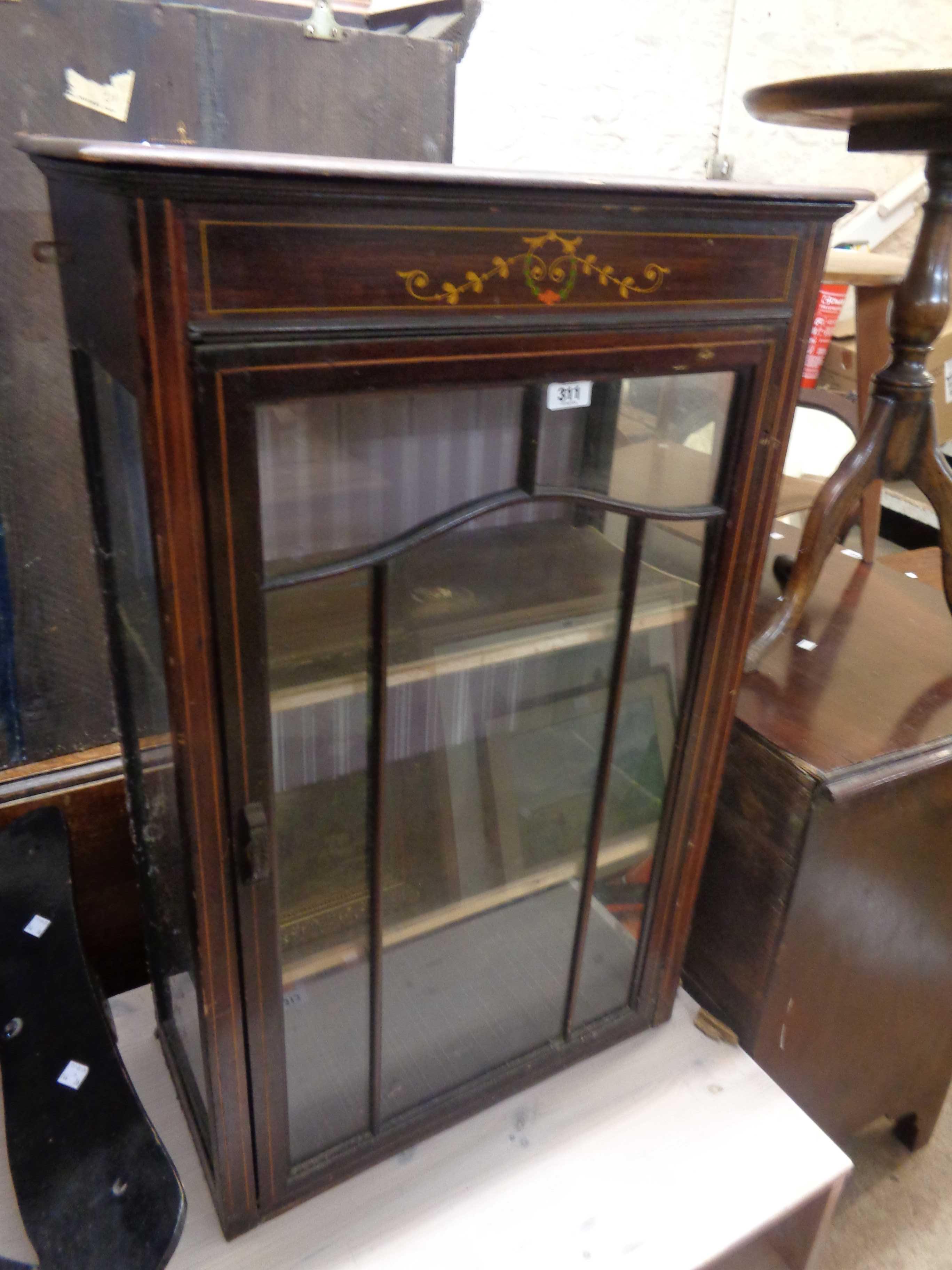A 60cm Edwardian mahogany display cabinet with painted decoration and material lined shelves