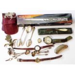 A bag containing a damaged marked 18K vintage lady's wristwatch, three English silver teaspoons,