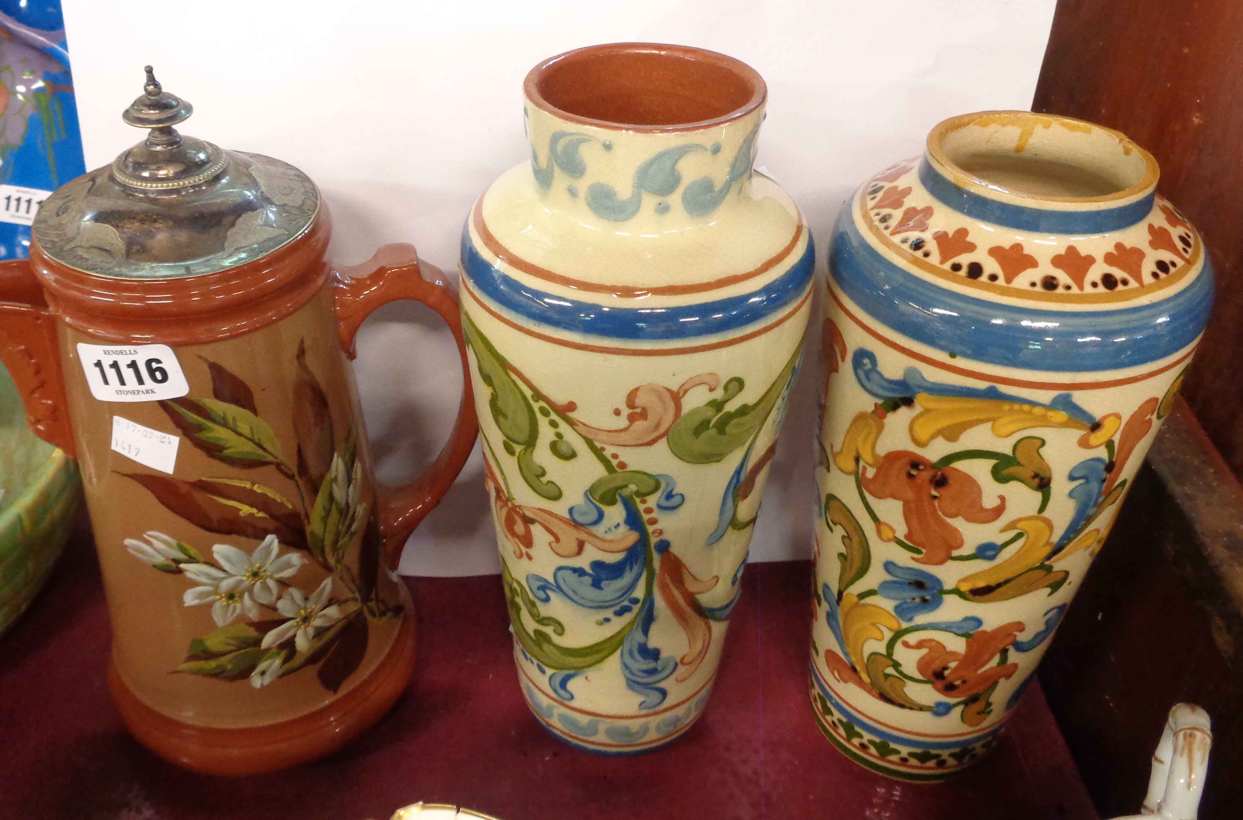 Two Torquay Pottery vases with 'Scandy' style decoration - sold with a Watcombe jug with Apple