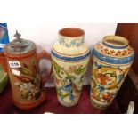 Two Torquay Pottery vases with 'Scandy' style decoration - sold with a Watcombe jug with Apple