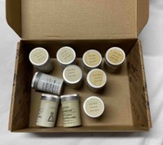 A box containing ten vintage Fribourg & Treyer snuff pots and contents