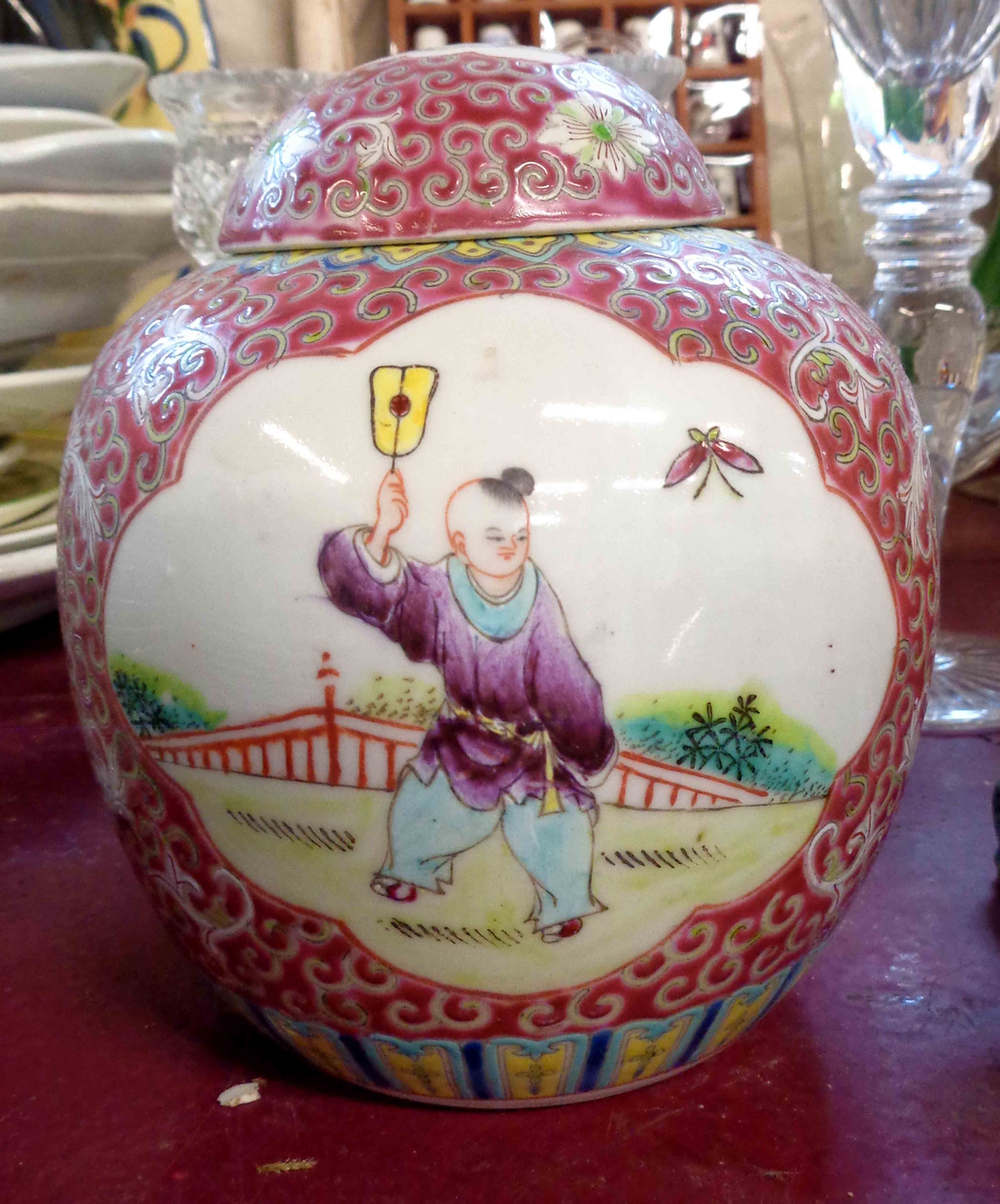 A 20th Century Chinese porcelain ginger jar and lid with hand painted panelled figural decoration on