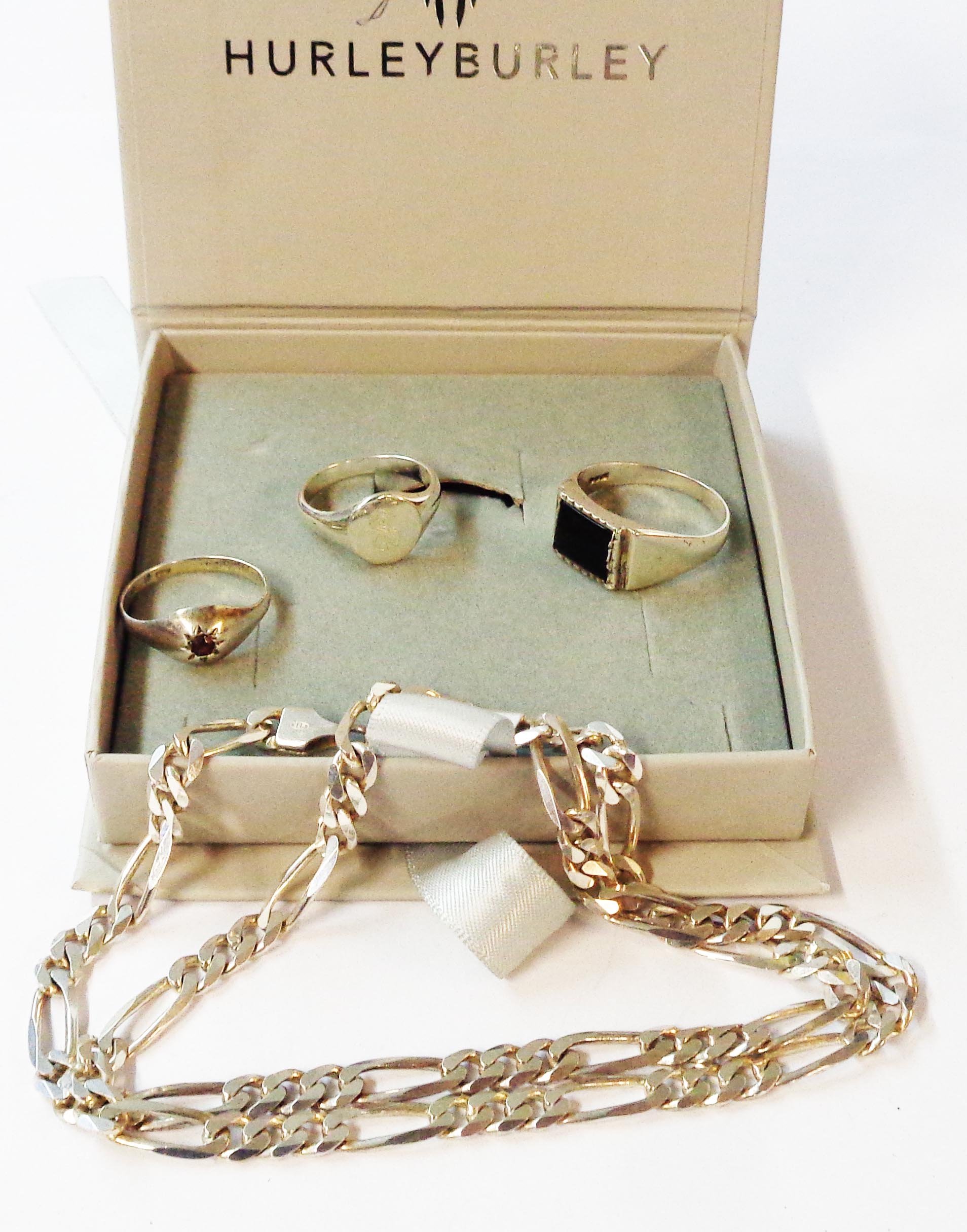 A 'Hurleyburley' box containing a convention marked 925 silver part kerb-link neck chain a silver