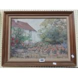 Val Maitland: a framed vintage oil on board, depicting a cottage rose garden - extensive details