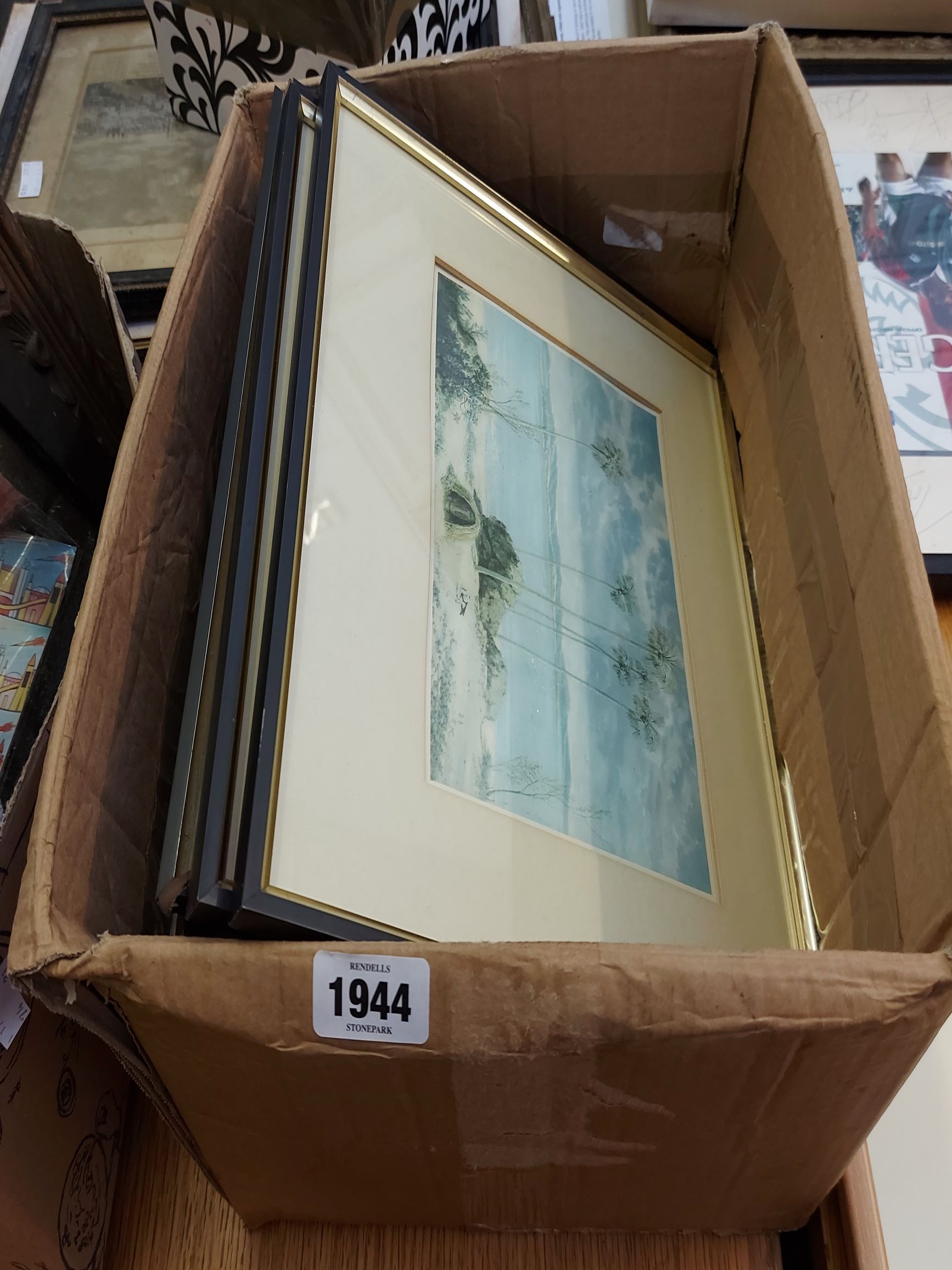 A box containing a set of eight framed topographical prints