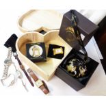 A wooden heart shaped box containing a vintage Seiko square dial wristwatch (a/f), four modern