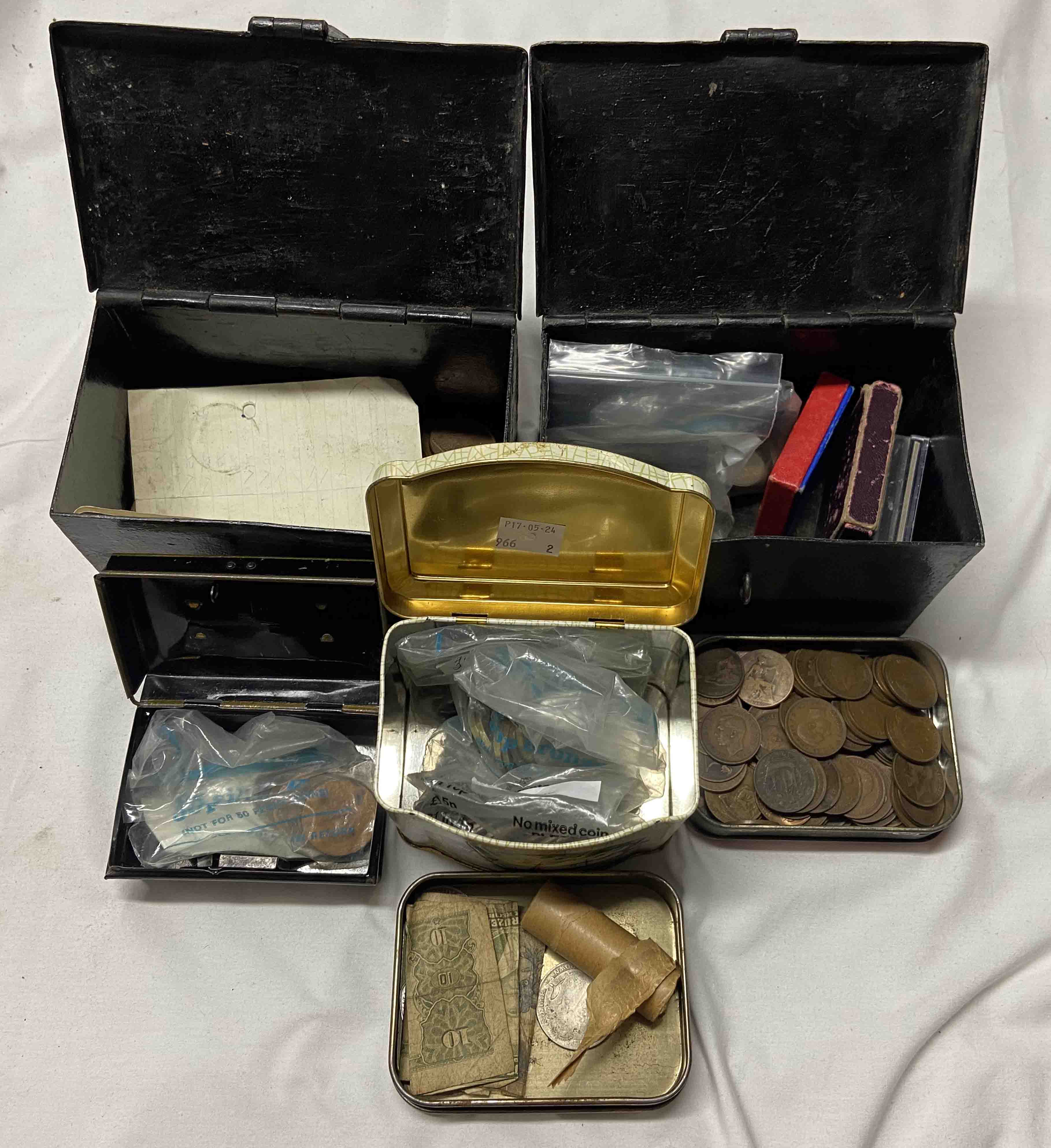 Three tins containing assorted GB and other coinage - some 19th Century examples
