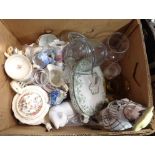 A box containing a quantity of ceramic and glass items including Staffordshire figure, 19th