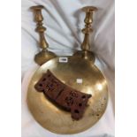 A small Chinese brass dish with naive etched decoration with wooden stand - sold with two brass