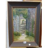 Enid Pearce: a wide framed oil on board, depicting concrete steps viewed through a gateway - signed