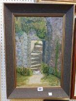 Enid Pearce: a wide framed oil on board, depicting concrete steps viewed through a gateway - signed