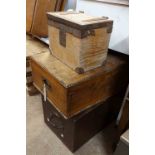 A metal trunk - locked shut - sold with a small wooden box and a cutlery box