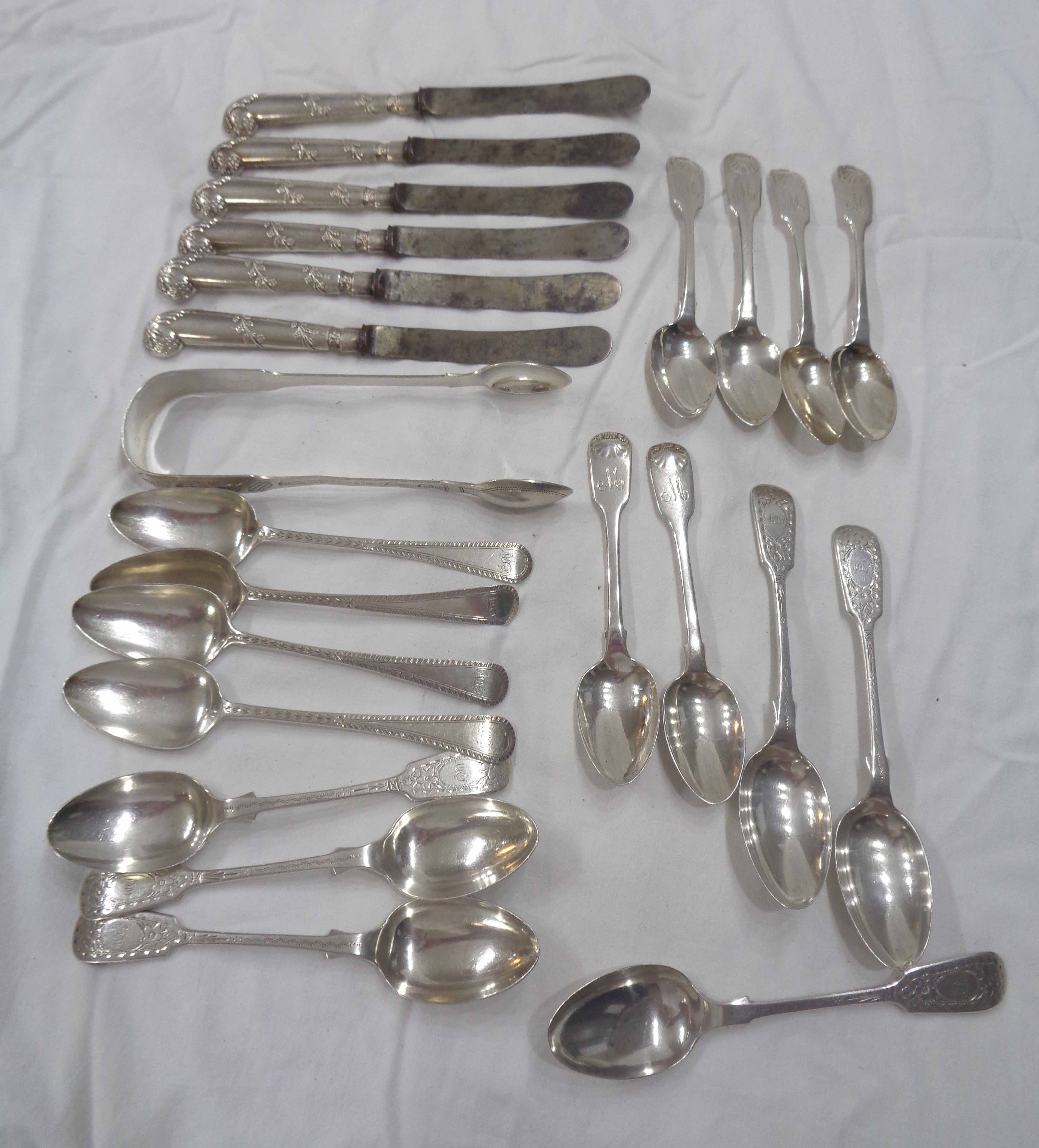 A set of six late Victorian silver fiddle pattern teaspoons with engraved decoration and initials to